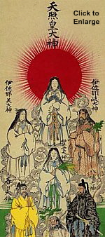Amaterasu bringing light to the world. Along with Izanagi, Izanami, and other creator gods of Japanese mythology. 19th century. Private Collection..