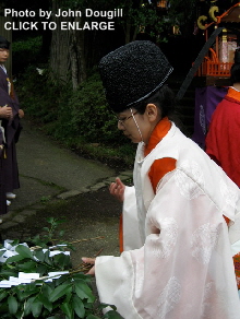 Female Shinto Priest at Hakone Jinja (Kanagawa Prefecture, near Mt. Fuji). Photo by John Dougill.