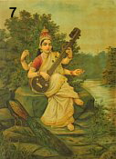 Sarasvati playing biwa, peacock at her side. By Indian artist Raja Ravi Varma.