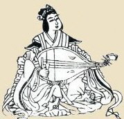 Benzaiten playing biwa, the most common form of the deity in Japan. Line Drawing, 1783, Butsuzo-zu-i
