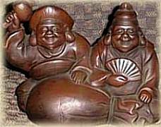 Daikoku at left, Ebisu at Right; Meiji Period Bizen Ceramic