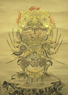 Tobatsu Bishamon. Four Heads, 12 Arms, Mounted on Lion.