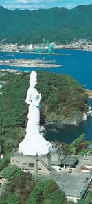 Kamaishi, Dai-Kannon standing upon Kamazaki Point, overlooking Kamaishi Bay.