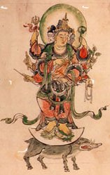 3-Headed Marishiten (Marici) Painting, Standing atop boar, Koyasan