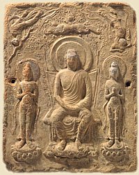 Sanzon Senbutsu, Buddha Triad, Unglazed Clay with Buddhist Figures in Relief