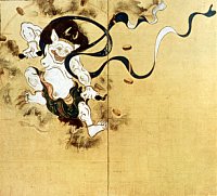 Raijin (Thunder God), painting by Tawaraya Sotatsu, Left Panel, Edo Era, Kennin-ji Temple in Kyoto