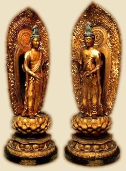 Seishi and Kannon Bosatsu, Standing in Tribankha Pose (hands outstreched in varada and vitarka mudras)