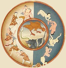 Three animals -- pig, snake, rooster -- are typically at center of Tibetan Wheel of Life