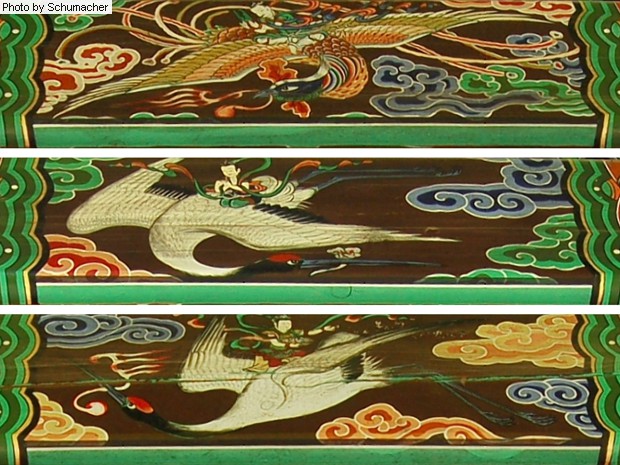 Three paintings at Seokjongsa Temple. The top photo depicts the magical Phoenix, an auspicious symbol of tranquility & harmony. The lower panels depict a stork, a symbol of longevity.
