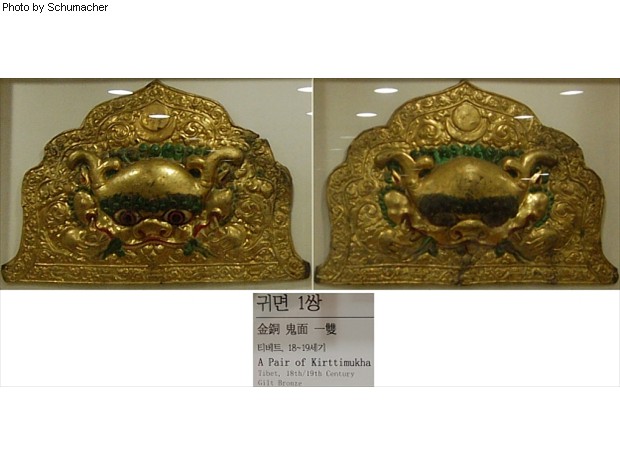 Lion masks from Tibet. Used often in China, Korea, and Japan as decorative architecture elements on roof ridges and as part of the belts and robes of Buddhist deities.