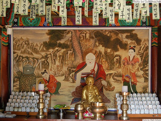 Gapsa Temple. Painting of the Hermit Spirit, one of three spirits worshiped widely in Korea. (1) Mountain Spirit governs material wealth and is accompanied by a tiger; (2) Lord of the Seven Stars, or Big Dipper, governs human fortune and longevity; and (3) Dokseong, an enlightened hermit, blesses the people. The three also represent (1) Shamanism, (2) Taoism, and (3) Buddhism respectively.