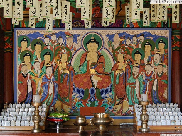 Gapsa Temple. Painting of the Big Dipper Spirit, one of three spirits worshiped widely in Korea. (1) Mountain Spirit governs material wealth and is accompanied by a tiger; (2) Lord of the Seven Stars, or Big Dipper, governs human fortune and longevity; and (3) Dokseong, an enlightened hermit, blesses the people. The three also represent (1) Shamanism, (2) Taoism, and (3) Buddhism respectively.