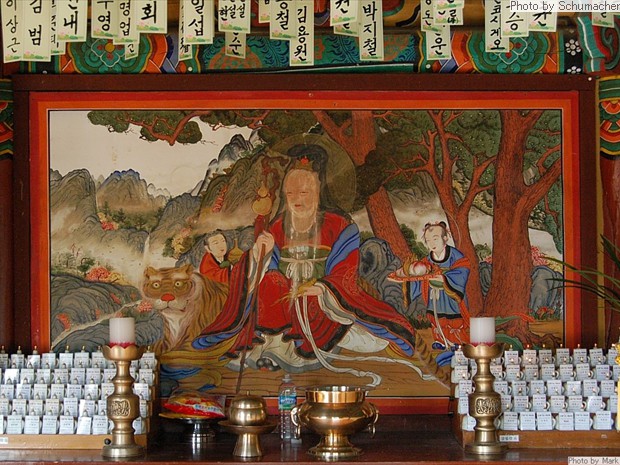 Gapsa Temple. Painting of the Tiger & Mountain Spirit, one of three spirits worshiped widely in Korea. (1) Mountain Spirit governs material wealth and is accompanied by a tiger; (2) Lord of the Seven Stars, or Big Dipper, governs human fortune and longevity; and (3) Dokseong, an enlightened hermit, blesses the people. The three also represent (1) Shamanism, (2) Taoism, and (3) Buddhism respectively.