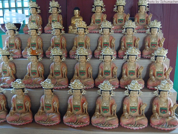 Votive Bodhisattva statues in the 1000 Kṣitigarbha Hall, Gapsa Temple.