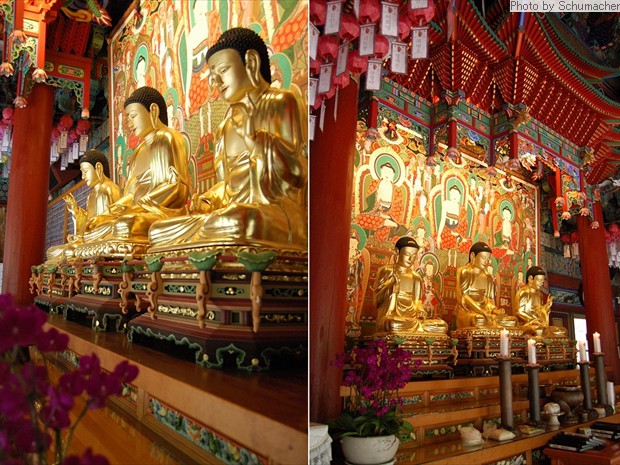 Two views of the Śākyamuni Triad at Donghaksa Temple. 