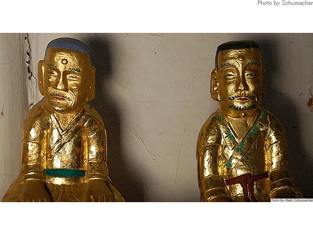 Two disciples of Historical Buddha. Hall dedicated to the 16 Disciples of Buddha,  Magoksa Temple.