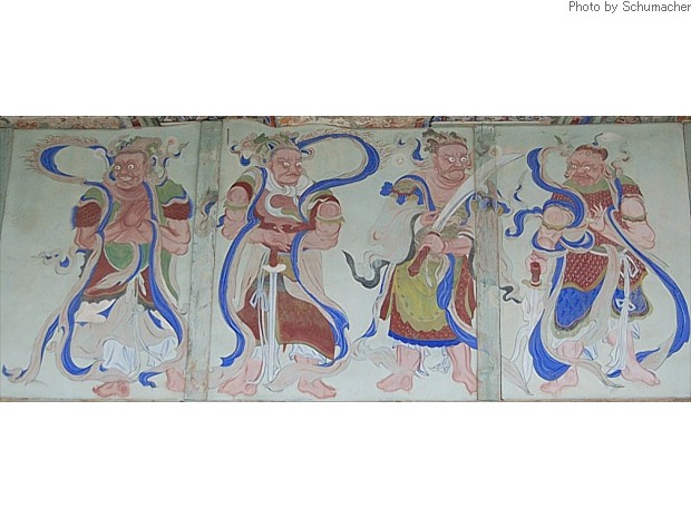 Painting, Four Heavenly Kings 四天王, guardians of the four compass directions. Magoksa Temple. 