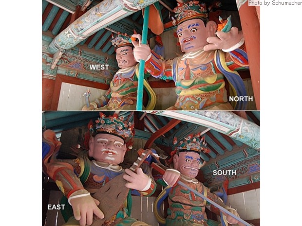 The Four Heavenly Kings 四天王, guardians of the four compass directions, at Magoksa Temple. 