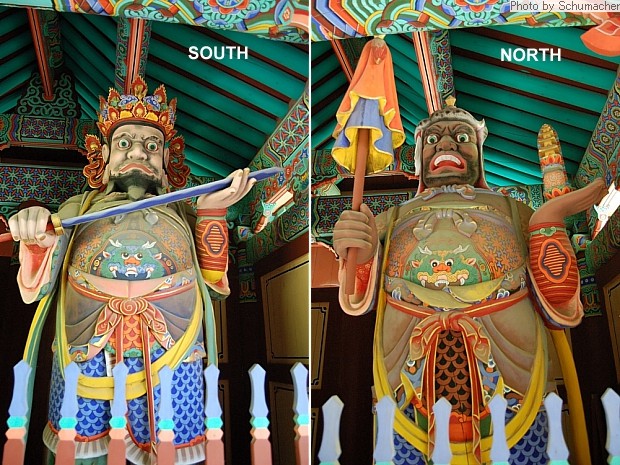 Two of the Four Heavenly Kings 四天王, guardians of the four compass directions, at Gapsa Temple. 