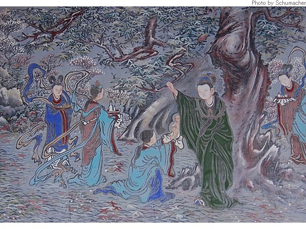 2. Buddha's birth in the Lumbini grove.