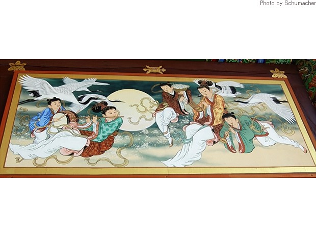 Painting of celestial musicians and storks (symbol of longevity) at Chukseosa Temple.