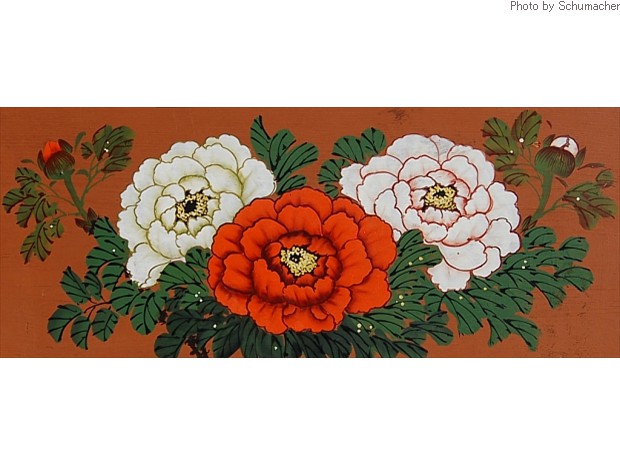 Peony flowers 牡丹 at Chukseosa Temple. Painted on a wooden panel.