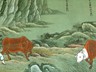 4. Catching the Ox 得牛 and 5. Taming the Ox 牧牛. The boy is trying hard to catch the wild ox. Similarly, the practitioner has now had a glimpse of his true nature, but has not severed all delusions from his mind. It is a tough struggle to pacify all his wild thoughts. In scene 5, the boy puts a rein on the ox. Even though it is difficult to see progress, one must continue to practice hard. The mind becomes partially purified, indicated by the white color.