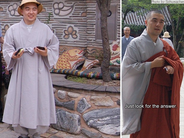 Haemin, our interpreter. Left = At the Asian Art Museum in Seoul. Right = At Magoksa Temple. 