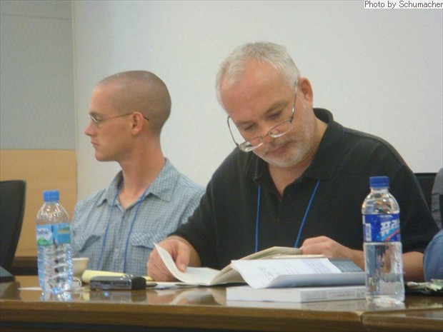 Mark Schumacher (reading) and Alexander Kantner (Institute for Buddhist Studies). At the group's meeting room at Dongguk University. Photo by Jacqueling Jingjing (University of the West).