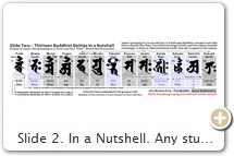  Slide 2. In a Nutshell. Any study of Japan’s Thirteen Buddhist Deities begins with a dilemma – there is scant textual evidence about the thirteen until the 15th century, making their study largely speculative. This guide therefore focuses on the “visual record,” presenting the oldest known artwork of the group during its formative period in the 12th & 13th & 14th centuries. Any study of the thirteen also requires an upfront caveat, for the term 十三仏, or 十三佛, is often mistakenly translated as “Thirteen Buddha” – the group includes five Buddha 仏, seven Bodhisattva 菩薩, and one Myō-ō 明王. Japan’s thirteen are a purely Japanese convention. They are not mentioned in the Taishō Buddhist Canon. Although the term 十三佛 (Thirteen Buddha) appears in 23 different texts of the canon, its usages show no known correlation with Japan’s thirteen. The latter preside over thirteen postmortem memorial rites that start on the 7th day after death and continue until the 33rd year after death (see Slide 3). The standard grouping appeared around the mid-14th C. after undergoing nearly two centuries of transition from 10 to 11 to 12 to 13 members. The group was popularized in the 15th C. and linked to both postmortem rites for the dead & premortem rites for the living. Despite the speculative nature of this topic, the group’s raison d’être can be convincingly shown via extant art. Here is a case where art seems to predate texts. Above seeds adapted from Shingon.org.  Based on karmic rebirth (reincarnation) & death management. Both sprang from early Indian Buddhism, wherein the dead wander in a liminal realm for 7 weeks, or 49 days 七七日 (login = guest), undergoing judgement at the end of each 7-day period. On the 50th day, the dead are reborn in one of 6 Realms of Karmic Rebirth. Living descendants hold memorial services at 7-day intervals during these 49 days in the hopes the deceased will not be reborn in an evil realm. HENCE: 7 Weeks + 6 Realms = 13. Folklore scholar Yanagita Kunio 柳田國男 (1875-1962), in his work Ishigami Mondō 石神問答, tried to link the thirteen to Japan’s Jūsanzuka 十三塚 (thirteen memorial mounds). Elsewhere, the number of thirteen-storied pagodas peaked in the Kamakura era, in tandem (it seems) with the development of the Thirteen Buddhist Deities. Based on the Ten Directions 十方 (four cardinal points, four intermediate directions, zenith & nadir), plus the Buddhas of the Three Ages 三世佛 (past, present & future), who are Amida (past), Shaka (present), Miroku (future). Total = 13. Based on the Jūsandai-in 十三大院 (thirteen great courts) of the Taizōkai Mandala 胎蔵界曼荼羅 (Womb World Mandala).Based on the layout of the Chūdai Hachiyō-in 中臺八葉院 (central court of the Womb World Mandala), with Dainichi Buddha in the center, surrounded by four other Buddhas, four Bodhisattvas, & four directional guardians. Total = 13. See chart at right. Based on astrotheology. Writes Steven Hutchins (p.96): “The emphasis on the number seven can only derive from the Seven Planets of the Ancients (Sun, Moon, Mercury, Venus, Mars, Jupiter, Saturn) from which we get our days of the week. Thirteen designates the thirteen moon cycles in a year. The Thirteen Buddha Rites stem from an ancient form of astrotheology – a theology founded on the observation of the heavenly bodies. Thus, the deceased’s journey from death to reincarnation in the Thirteen Buddhist Rites embodies the grander motions & cycles of sidereal time.” Note: Many civilizations were aware of the need to add an intercalary month – a thirteenth month – to make the year align with the seasons.      