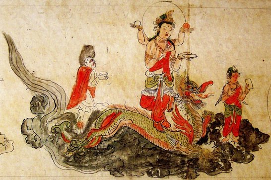 Four-armed Myoken atop dragon, holding sun & moon discs, and brush & tablet (on which s/he records our good/bad deeds). Surrounded by two attendants. Handscroll, color on paper. Kamakura Era (13th-14th century). Important Cultural Property ICP. Treasure of Shomyo-ji Temple, Kanagawa, but now housed by the Kanagawa Prefectural Kanazawa Bunko Museum . Image based on drawing in the Zuzosho, or the Encyclopedia of Buddhist Icons, a text edited by Eju (1060-1145 AD).