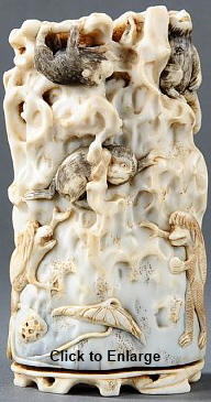 Ivory carving of Kappa, Shirikodama, Monkeys and the Moon