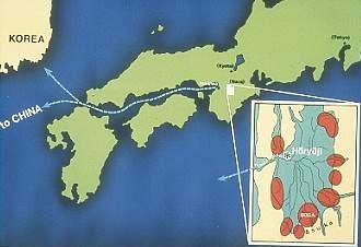 Map showing ocean route from Korea and China into early Japan 