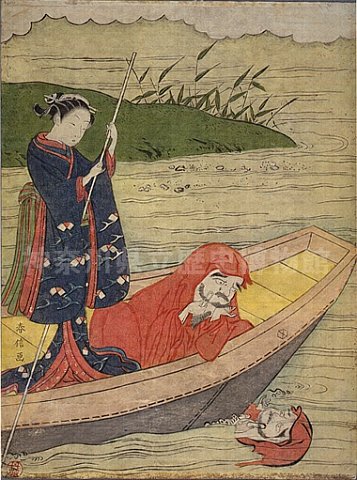 Daruma looking at his reflection in the water, riding in boat with courtesan