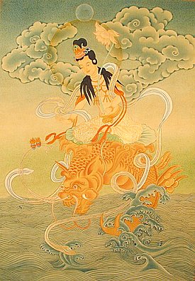 In this illustration, Kannon rides a golden dragon with a cloudy sky above her and the sea beneath her, and she wears white clothing and gold jewelry.
