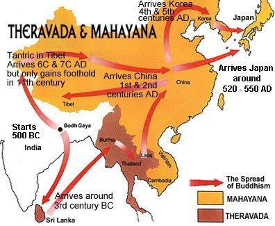 Map showing spread of Theravada (Hinayana) and Mahayana Buddhism