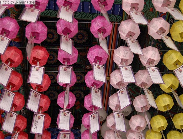 Votive Lanterns, Donghaksa Temple. Devotees purchase said temple lanterns & write their prayers on them.